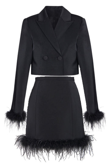Black 2 Piece Peak Lapel Short Women Prom Suits with Feather